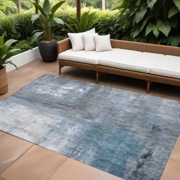 8' X 10' Blue Gray And Ivory Abstract Washable Indoor Outdoor Area Rug
