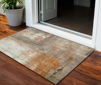 3' X 5' Copper Ivory And Brown Abstract Washable Indoor Outdoor Area Rug