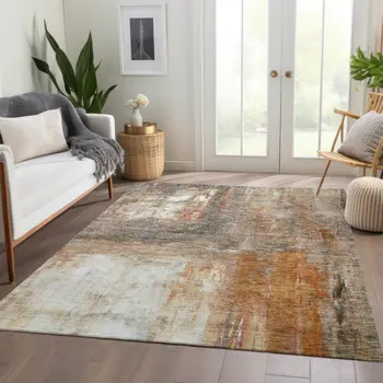 3' X 5' Copper Ivory And Brown Abstract Washable Indoor Outdoor Area Rug