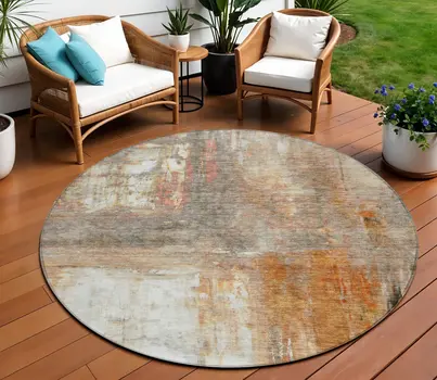 8' Copper Ivory And Brown Round Abstract Washable Indoor Outdoor Area Rug
