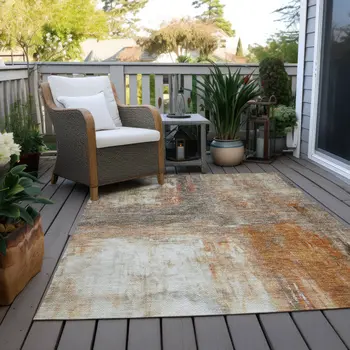 8' X 10' Copper Ivory And Brown Abstract Washable Indoor Outdoor Area Rug