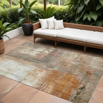 9' X 12' Copper Ivory And Brown Abstract Washable Indoor Outdoor Area Rug