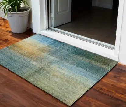 3' X 5' Blue Gold And Green Abstract Washable Indoor Outdoor Area Rug