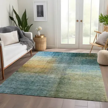 3' X 5' Blue Gold And Green Abstract Washable Indoor Outdoor Area Rug