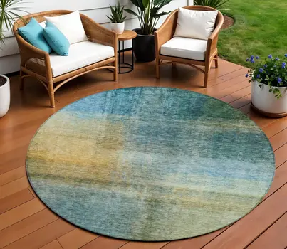 8' Blue Gold And Green Round Abstract Washable Indoor Outdoor Area Rug