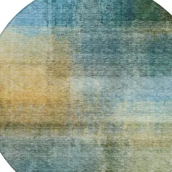 8' Blue Gold And Green Round Abstract Washable Indoor Outdoor Area Rug