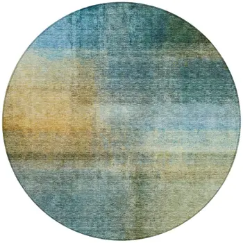 8' Blue Gold And Green Round Abstract Washable Indoor Outdoor Area Rug