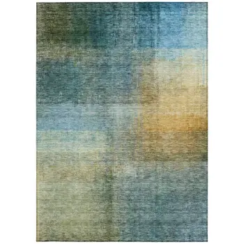 8' X 10' Blue Gold And Green Abstract Washable Indoor Outdoor Area Rug