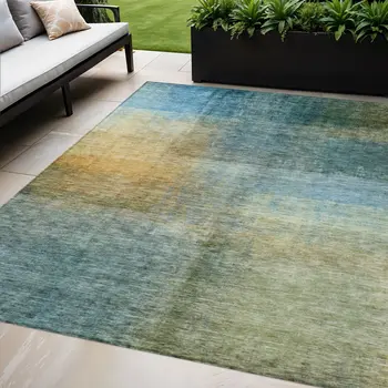 8' X 10' Blue Gold And Green Abstract Washable Indoor Outdoor Area Rug