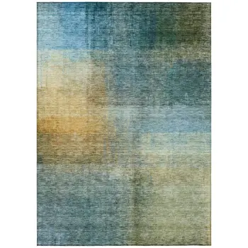 9' X 12' Blue Gold And Green Abstract Washable Indoor Outdoor Area Rug