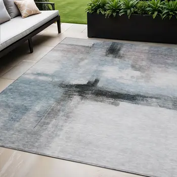 5' X 8' Blue Gray And Black Abstract Washable Indoor Outdoor Area Rug
