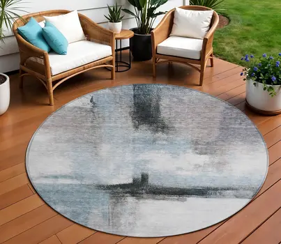 8' Blue Gray And Black Round Abstract Washable Indoor Outdoor Area Rug