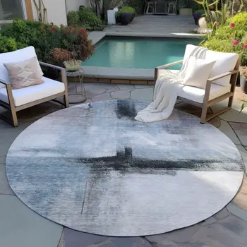 8' Blue Gray And Black Round Abstract Washable Indoor Outdoor Area Rug