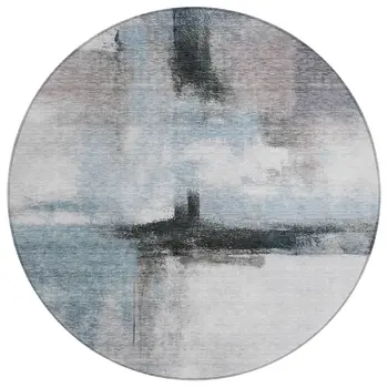 8' Blue Gray And Black Round Abstract Washable Indoor Outdoor Area Rug