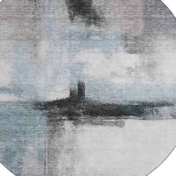 8' Blue Gray And Black Round Abstract Washable Indoor Outdoor Area Rug