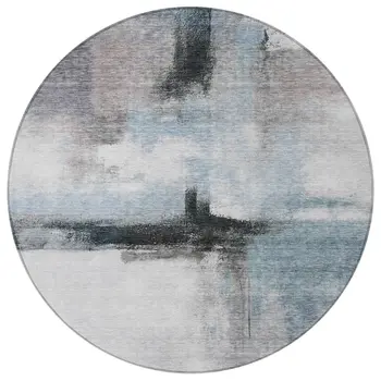 8' Blue Gray And Black Round Abstract Washable Indoor Outdoor Area Rug