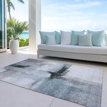 8' X 10' Blue Gray And Black Abstract Washable Indoor Outdoor Area Rug