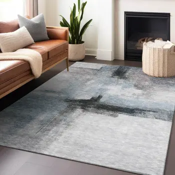 8' X 10' Blue Gray And Black Abstract Washable Indoor Outdoor Area Rug