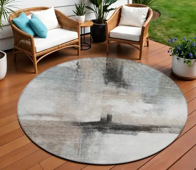 8' Brown Black And Gray Round Abstract Washable Indoor Outdoor Area Rug