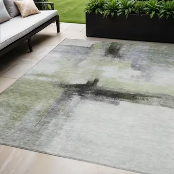 5' X 8' Sage Black And Gray Abstract Washable Indoor Outdoor Area Rug