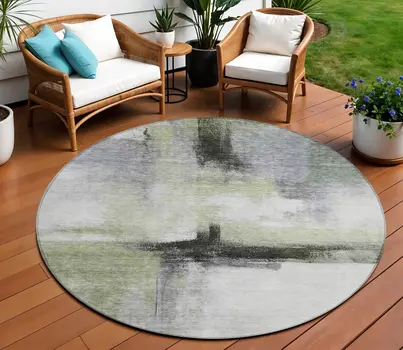 8' Sage Black And Gray Round Abstract Washable Indoor Outdoor Area Rug