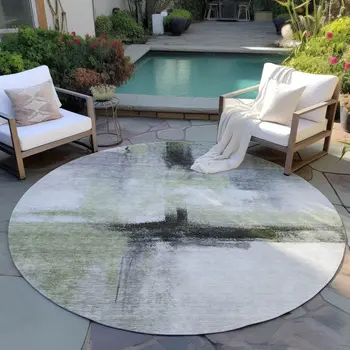 8' Sage Black And Gray Round Abstract Washable Indoor Outdoor Area Rug