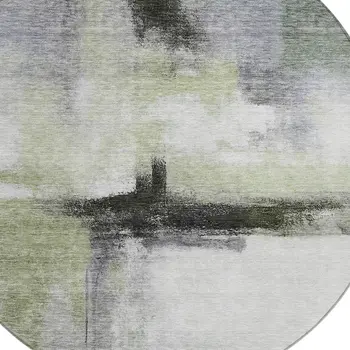 8' Sage Black And Gray Round Abstract Washable Indoor Outdoor Area Rug