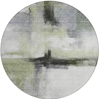 8' Sage Black And Gray Round Abstract Washable Indoor Outdoor Area Rug
