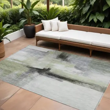 9' X 12' Sage Black And Gray Abstract Washable Indoor Outdoor Area Rug
