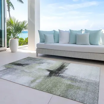 9' X 12' Sage Black And Gray Abstract Washable Indoor Outdoor Area Rug
