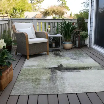 10' X 14' Sage Black And Gray Abstract Washable Indoor Outdoor Area Rug