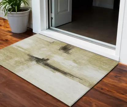 3' X 5' Wheat Green And Black Abstract Washable Indoor Outdoor Area Rug