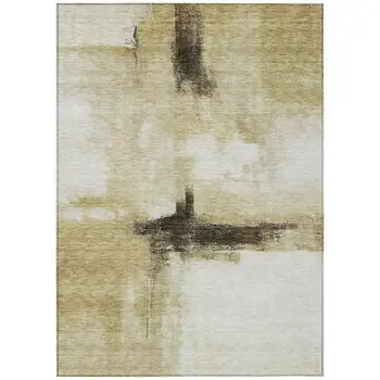 3' X 5' Wheat Green And Black Abstract Washable Indoor Outdoor Area Rug