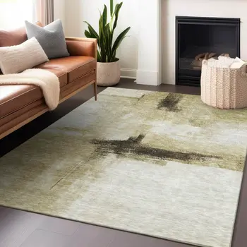 3' X 5' Wheat Green And Black Abstract Washable Indoor Outdoor Area Rug
