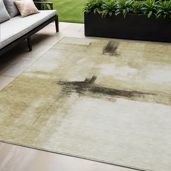 5' X 8' Wheat Green And Black Abstract Washable Indoor Outdoor Area Rug