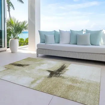5' X 8' Wheat Green And Black Abstract Washable Indoor Outdoor Area Rug