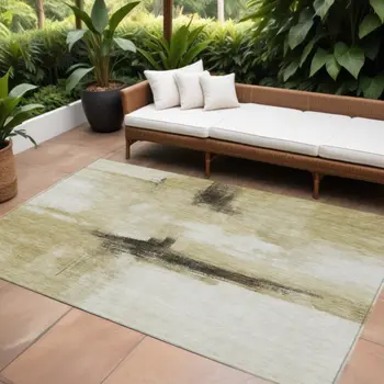 8' X 10' Wheat Green And Black Abstract Washable Indoor Outdoor Area Rug