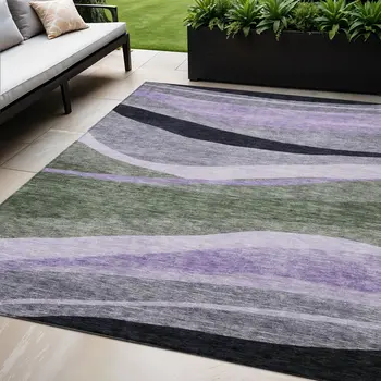 5' X 8' Artichoke Green Green And Black Abstract Washable Indoor Outdoor Area Rug