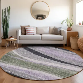 8' Artichoke Green Green And Black Round Abstract Washable Indoor Outdoor Area Rug