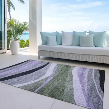 10' X 14' Artichoke Green Green And Black Abstract Washable Indoor Outdoor Area Rug
