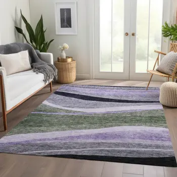 10' X 14' Artichoke Green Green And Black Abstract Washable Indoor Outdoor Area Rug
