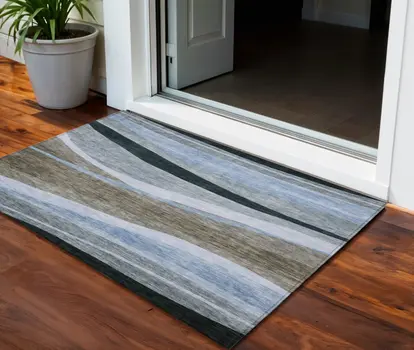 3' X 5' Brown Blue And Gray Abstract Washable Indoor Outdoor Area Rug