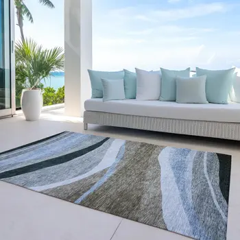 3' X 5' Brown Blue And Gray Abstract Washable Indoor Outdoor Area Rug