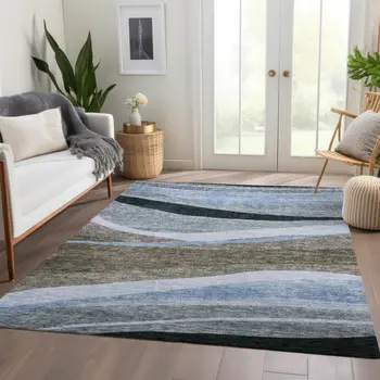 5' X 8' Brown Blue And Gray Abstract Washable Indoor Outdoor Area Rug