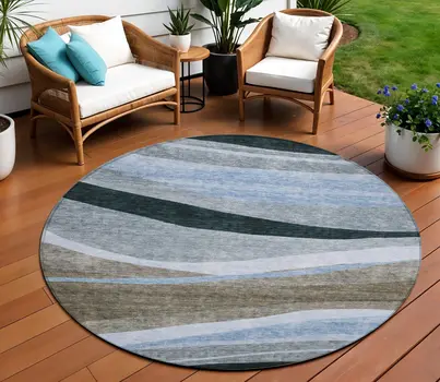 8' Brown Blue And Gray Round Abstract Washable Indoor Outdoor Area Rug