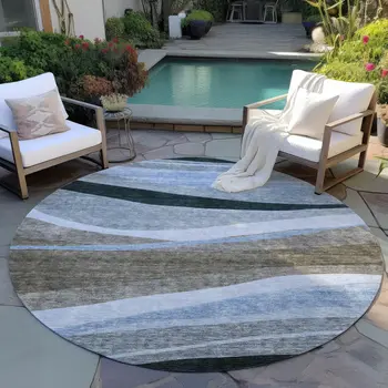 8' Brown Blue And Gray Round Abstract Washable Indoor Outdoor Area Rug