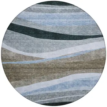 8' Brown Blue And Gray Round Abstract Washable Indoor Outdoor Area Rug