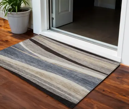 3' X 5' Blue Brown And Beige Abstract Washable Indoor Outdoor Area Rug