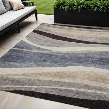 5' X 8' Blue Brown And Beige Abstract Washable Indoor Outdoor Area Rug