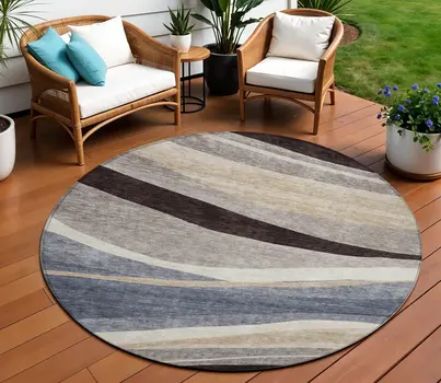 8' Blue Brown And Beige Round Abstract Washable Indoor Outdoor Area Rug
